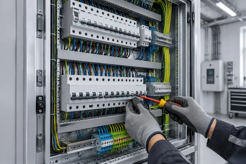 Elektromontāžas speciālists strādā pie sadales skapja ar automātiskajiem slēdžiem — IT Montāža elektromontāža